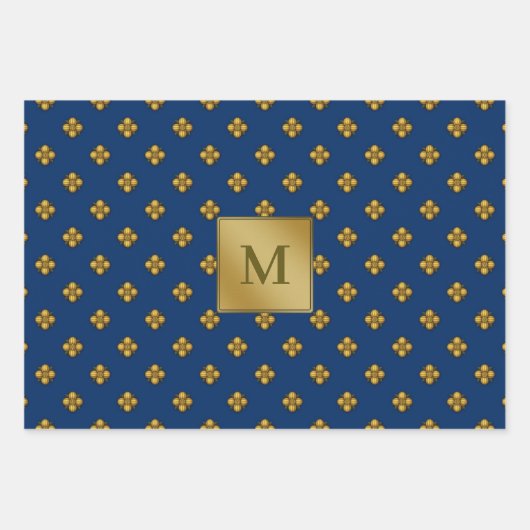Gouden kruisbloemige bloemen Monogrammed Blauw Inpakpapier Vel (Voorkant 3)