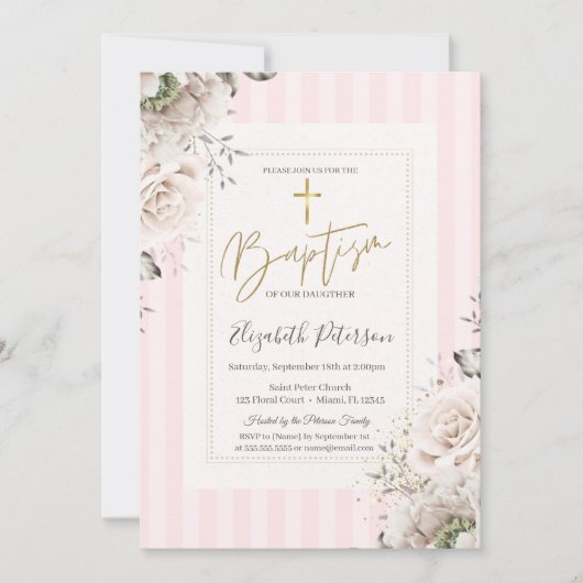 Gouden Kruisrozen Roze Gestreepte Doop Kaart (Voorkant)