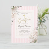 Gouden Kruisrozen Roze Gestreepte Doop Kaart (Staand voorkant)