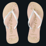 Gouden krullen op koraal perzik meid van eer bruil teenslippers<br><div class="desc">Deze prachtige bruiloft teenslippers zijn een geweldige manier om te bedanken en herkennen uw Maid of Honor terwijl het redden van haar voeten op hetzelfde moment. Beschikt over een elegant ontwerp met frilly golden krullen en wervelingen op een bleek sinaasappel of koraal perzik gekleurde achtergrond en fancy goudkleurige schrift belettering....</div>