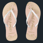 Gouden krullen op koraal perzik meid van eer bruil teenslippers<br><div class="desc">Deze prachtige bruiloft teenslippers zijn een geweldige manier om te bedanken en herkennen uw Maid of Honor terwijl het redden van haar voeten op hetzelfde moment. Beschikt over een elegant ontwerp met frilly golden krullen en wervelingen op een bleek sinaasappel of koraal perzik gekleurde achtergrond en fancy goudkleurige schrift belettering....</div>