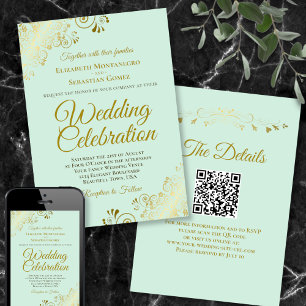 Gouden Krullen op Mintgroene Elegante QR Code Trou Kaart