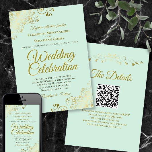 Gouden Krullen op Mintgroene Elegante QR Code Trou Kaart