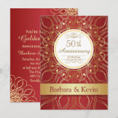 Gouden krullen op rode 50ste verjaardag kaart (Voorkant / Achterkant)