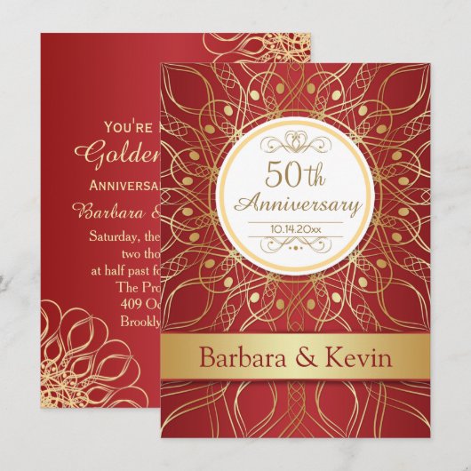 Gouden krullen op rode 50ste verjaardag kaart (Voorkant / Achterkant)