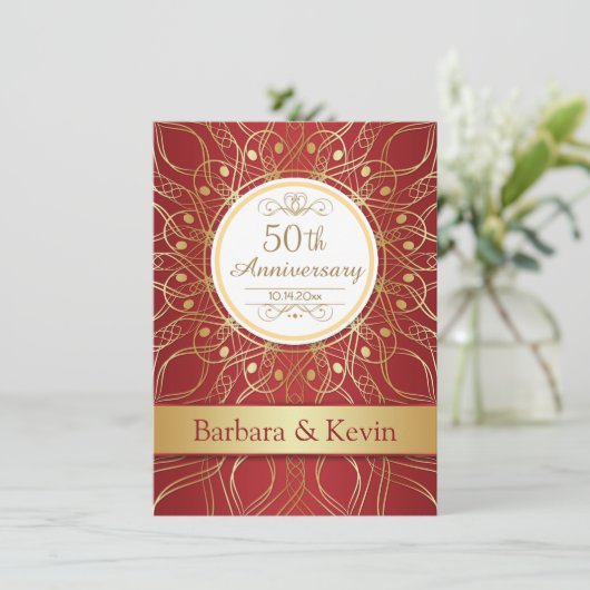 Gouden krullen op rode 50ste verjaardag kaart (Staand voorkant)