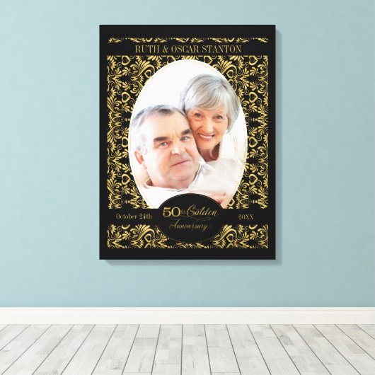 Gouden krullen op zwarte 50ste verjaardag canvas afdruk (Insitu (Houten vloer))