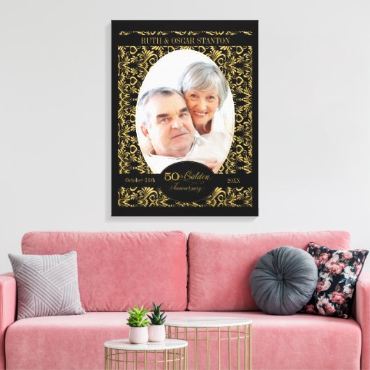 Gouden krullen op zwarte 50ste verjaardag canvas afdruk (Insitu (Woonkamer))