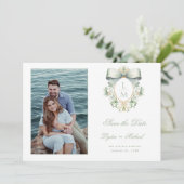 Gouden kuif met groene boog save the date (Staand voorkant)