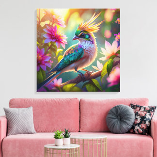 Gouden kuifgroen met kop Finch Fantasy Bird Canvas Afdruk