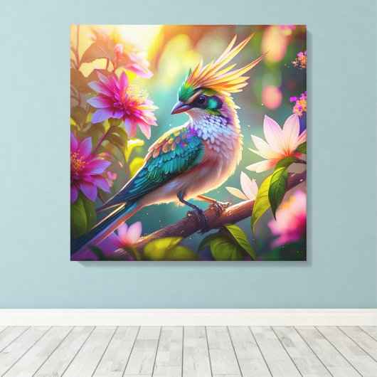 Gouden kuifgroen met kop Finch Fantasy Bird Canvas Afdruk (Insitu (Houten vloer))