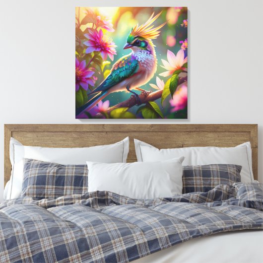 Gouden kuifgroen met kop Finch Fantasy Bird Canvas Afdruk (Insitu (Slaapkamer))