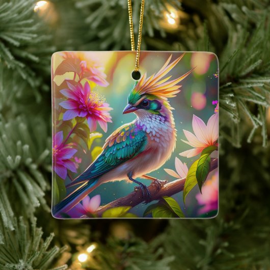 Gouden kuifgroen met kop Finch Fantasy Bird Keramisch Ornament (Boom)