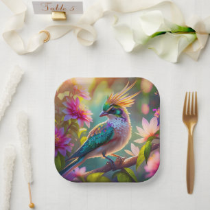 Gouden kuifgroen met kop Finch Fantasy Bird Papieren Bordje