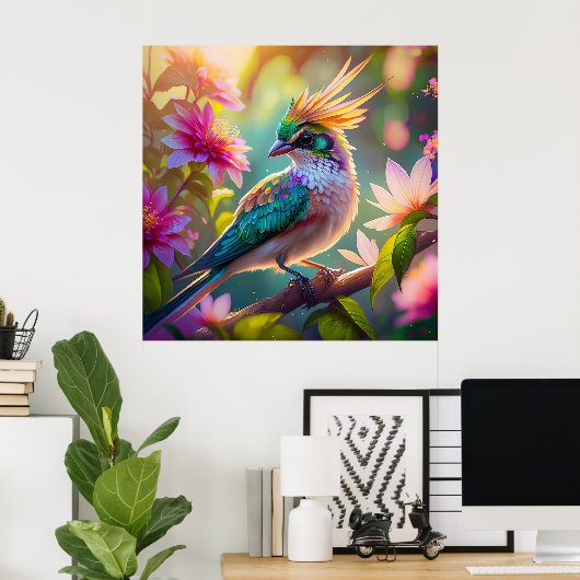 Gouden kuifgroen met kop Finch Fantasy Bird Poster (Thuiskantoor)