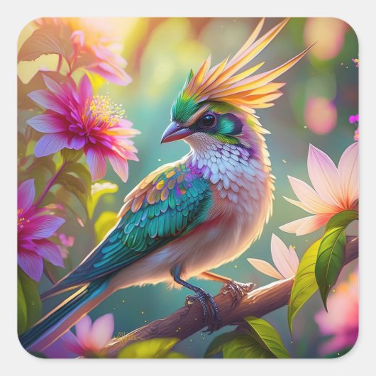 Gouden kuifgroen met kop Finch Fantasy Bird Vierkante Sticker (Voorkant)