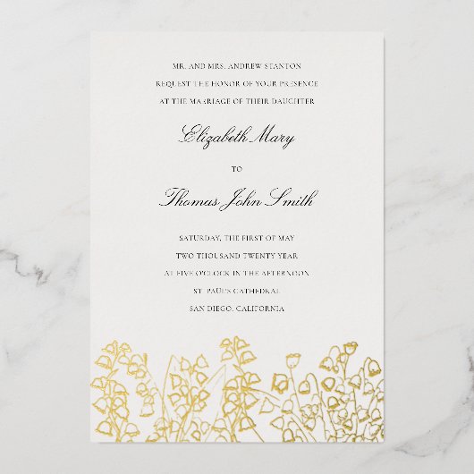 Gouden Kunst Bloemen Schets Lily Valley Formele Br Folie Uitnodiging (Voorkant)