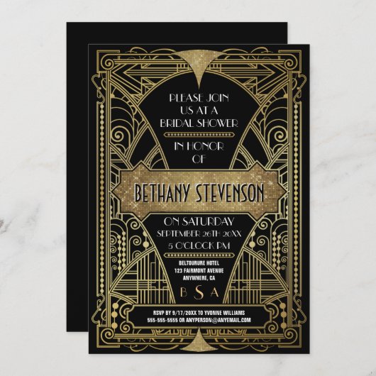 gouden kunstwerken Deco Bridal Shower-uitnodiging Kaart (Voorkant / Achterkant)