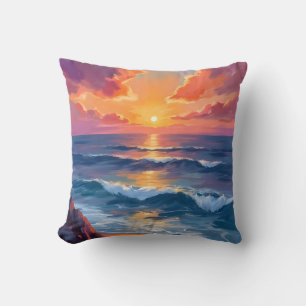 Gouden Kust Zonsondergang Oceaan Aquarel Schilde Kussen