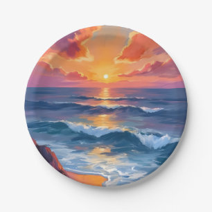 Gouden Kust   Zonsondergang Oceaan Aquarel Schilde Papieren Bordje