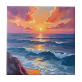 Gouden Kust | Zonsondergang Oceaan Aquarel Schilde Tegeltje