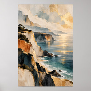 Gouden Kustkliffen en Blauwe Zee Landschap Muur Poster