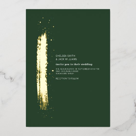 Gouden Kwaststreek Emerald Minimalistische Trouw Folie Uitnodiging (Voorkant)