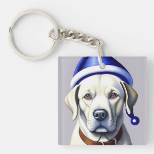 Gouden Labradors hond draagt blauwe feesthoed Sleutelhanger