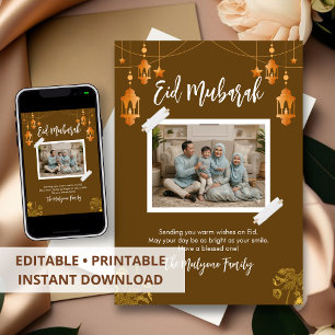Gouden Lantaarn Eid Mubarak Familie Fotokaart Feestdagenkaart