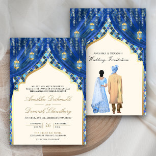 Gouden lantaarns Blauw Indiaans koppel bruiloft Kaart