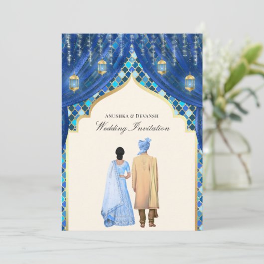Gouden Lantaarns Blauw Indiaas paar bruiloft Kaart (Staand voorkant)