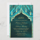 Gouden Lantaarns Blauwgroen Gordijn Moslim Bruilof Kaart (Voorkant)