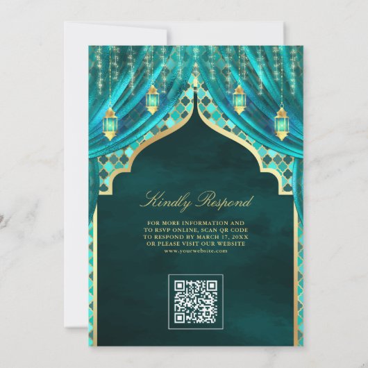Gouden Lantaarns Blauwgroen Gordijn Moslim Bruilof Kaart (Achterkant)