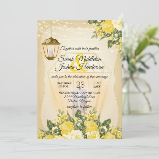 Gouden Lantaarns en Gele Bloem Bruiloft Kaart (Staand voorkant)