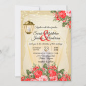 Gouden Lantaarns en Rode Bloem Bruiloft Kaart (Voorkant)