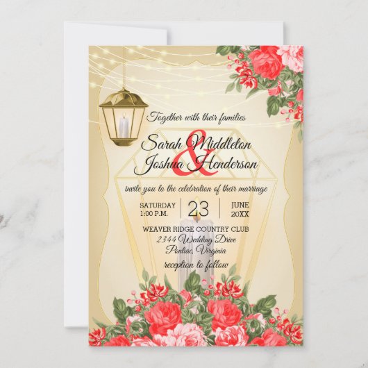 Gouden Lantaarns en Rode Bloem Bruiloft Kaart (Voorkant)