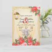 Gouden Lantaarns en Rode Bloem Bruiloft Kaart (Staand voorkant)