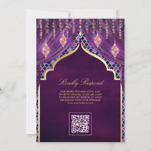 Gouden Lantaarns Paarse Gordijn Moslim Bruiloft Kaart (Achterkant)