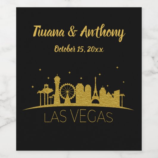 Gouden Las Vegas Strip Silhouet Bruiloft Wijn Etiket (Enkel label)