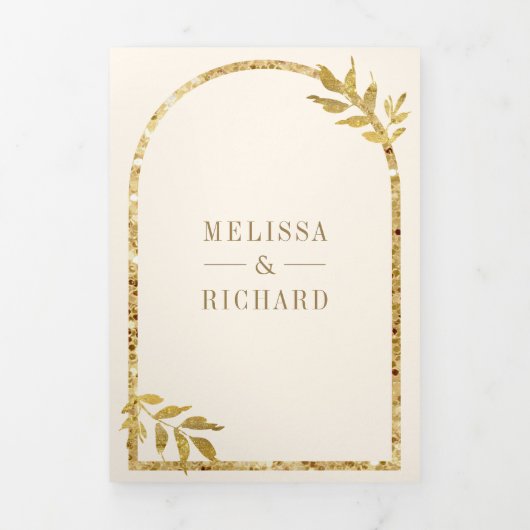 Gouden Laurel Krans Bladeren Cream Wedding Drieluik Uitnodiging (Cover)