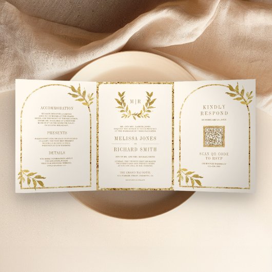 Gouden Laurel Krans Bladeren Cream Wedding Drieluik Uitnodiging