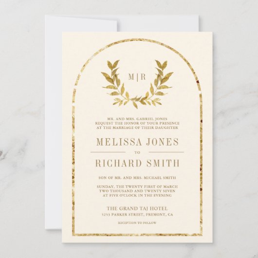 Gouden Laurel Krans Bladeren Cream Wedding Kaart (Voorkant)