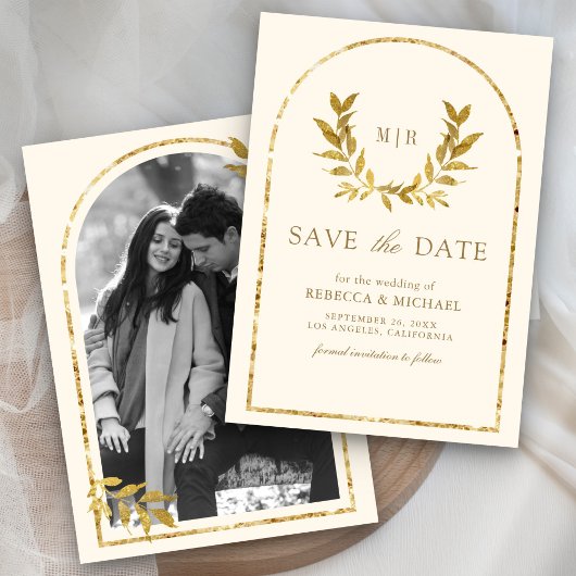 Gouden Laurel Krans Bladeren Cream Wedding Save The Date