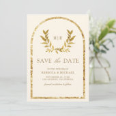 Gouden Laurel Krans Bladeren Cream Wedding Save The Date (Staand voorkant)