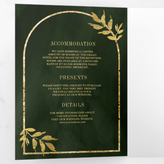 Gouden Laurel Krans Bladeren Olijfgroen Huwelijk Drieluik Uitnodiging (Binnenzijde eerst)