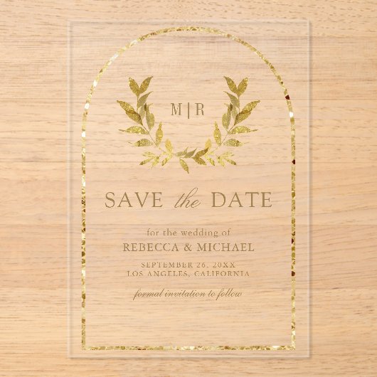 Gouden Laurel Krans Bladeren Trouwen Save The Date Acryl Uitnodigingen (Voorkant)