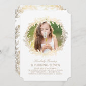 Gouden Laurel Krans Wit Elegante Foto Verjaardag Kaart (Voorkant / Achterkant)