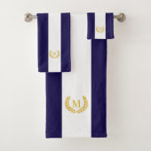 Gouden laurier & Monogram op Blauw & Wit Gestreept Bad Handdoek (Insitu)