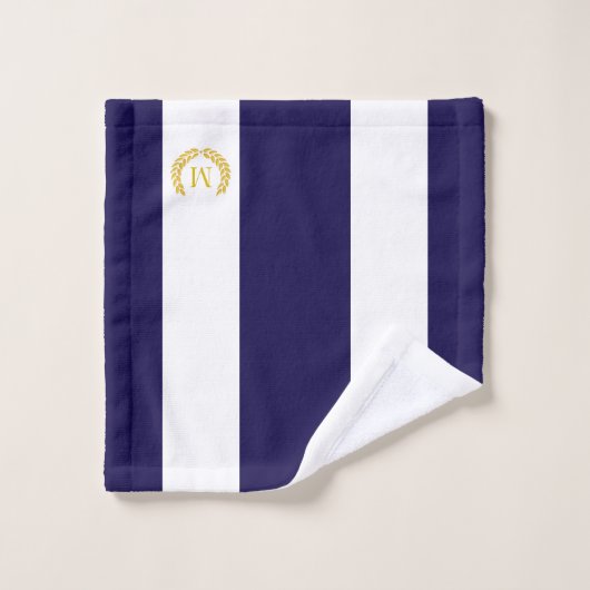 Gouden laurier & Monogram op Blauw & Wit Gestreept Bad Handdoek (Wasdoekje)