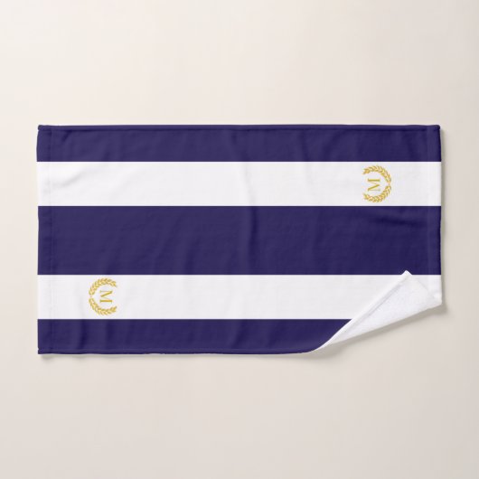 Gouden laurier & Monogram op Blauw & Wit Gestreept Bad Handdoek (Handdoek)